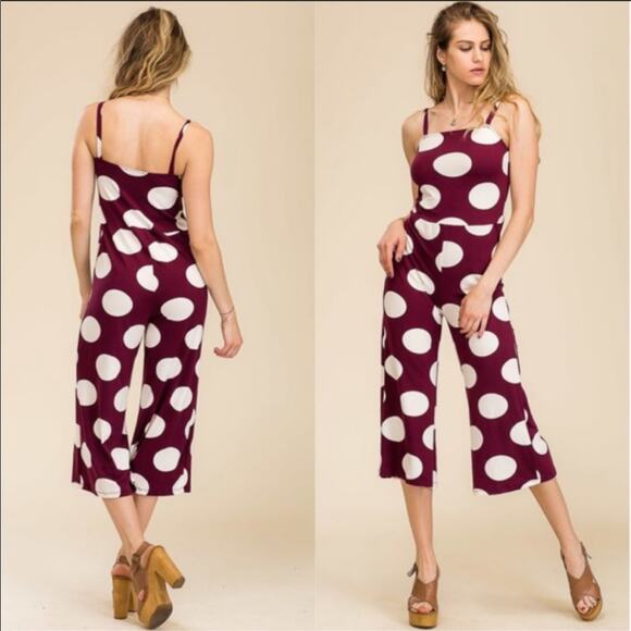 Capella Burgundy Polka Dot Cropped Leg Jumpsuit Size Medium - Picture 4 of 10